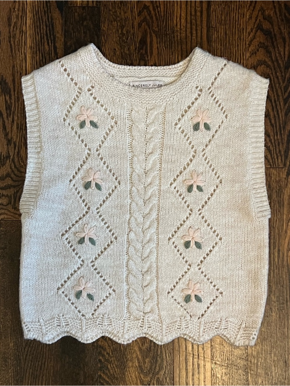 Sincerly Jules Cream Cable Knit Floral Sweater Vest